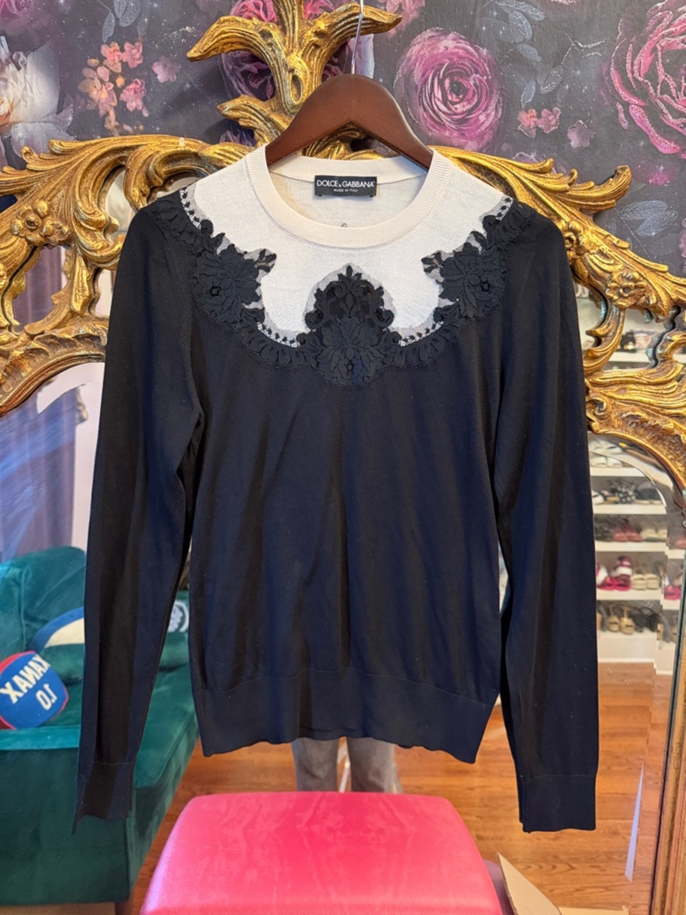 Dolce & Gabbana Black long sleeve with Cream Lace Yoke Detail